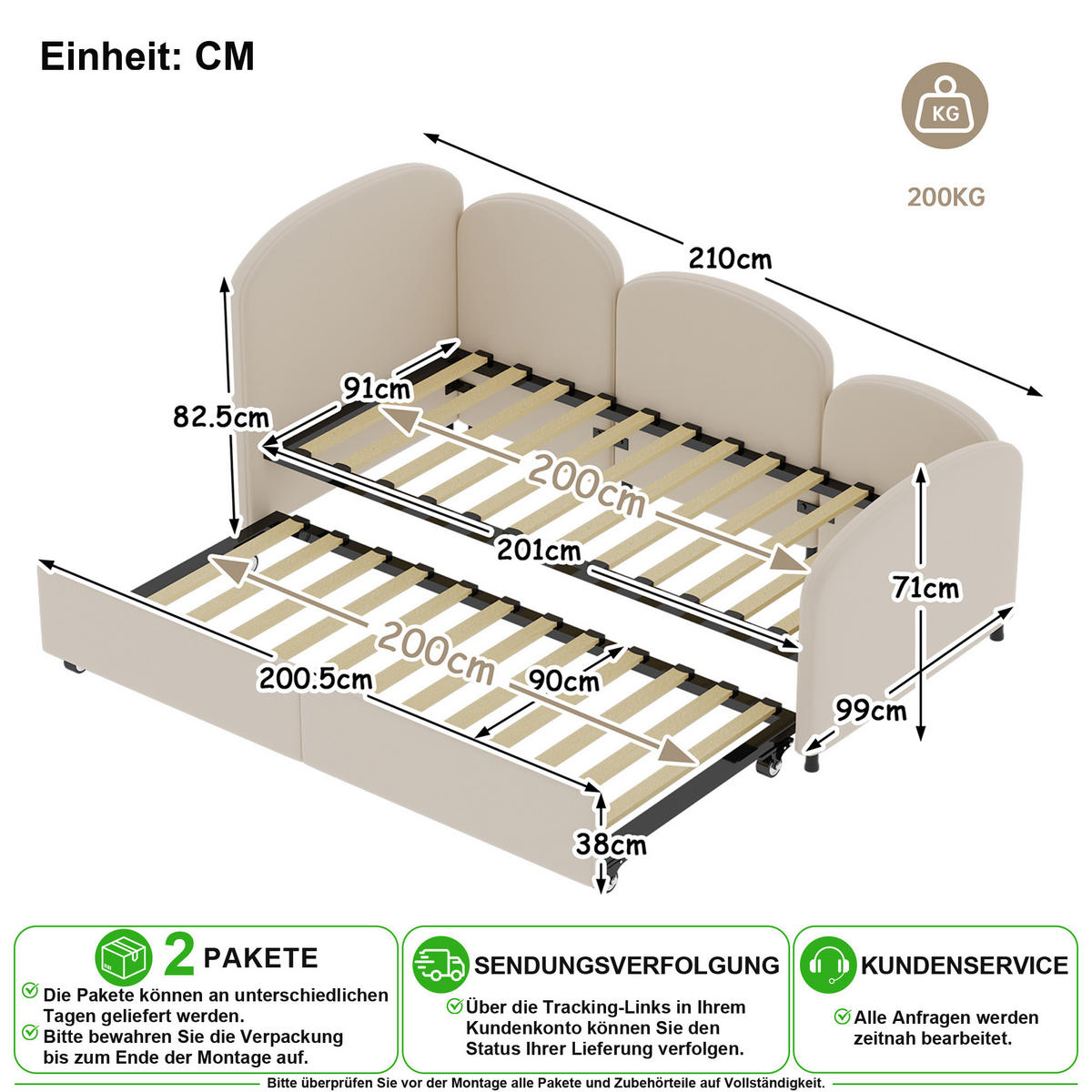 KINDERBETT 90/200 cm in Beige mit Schublade aus Samt - Beige, Holzwerkstoff/Textil (90/200cm) - CHICFURN