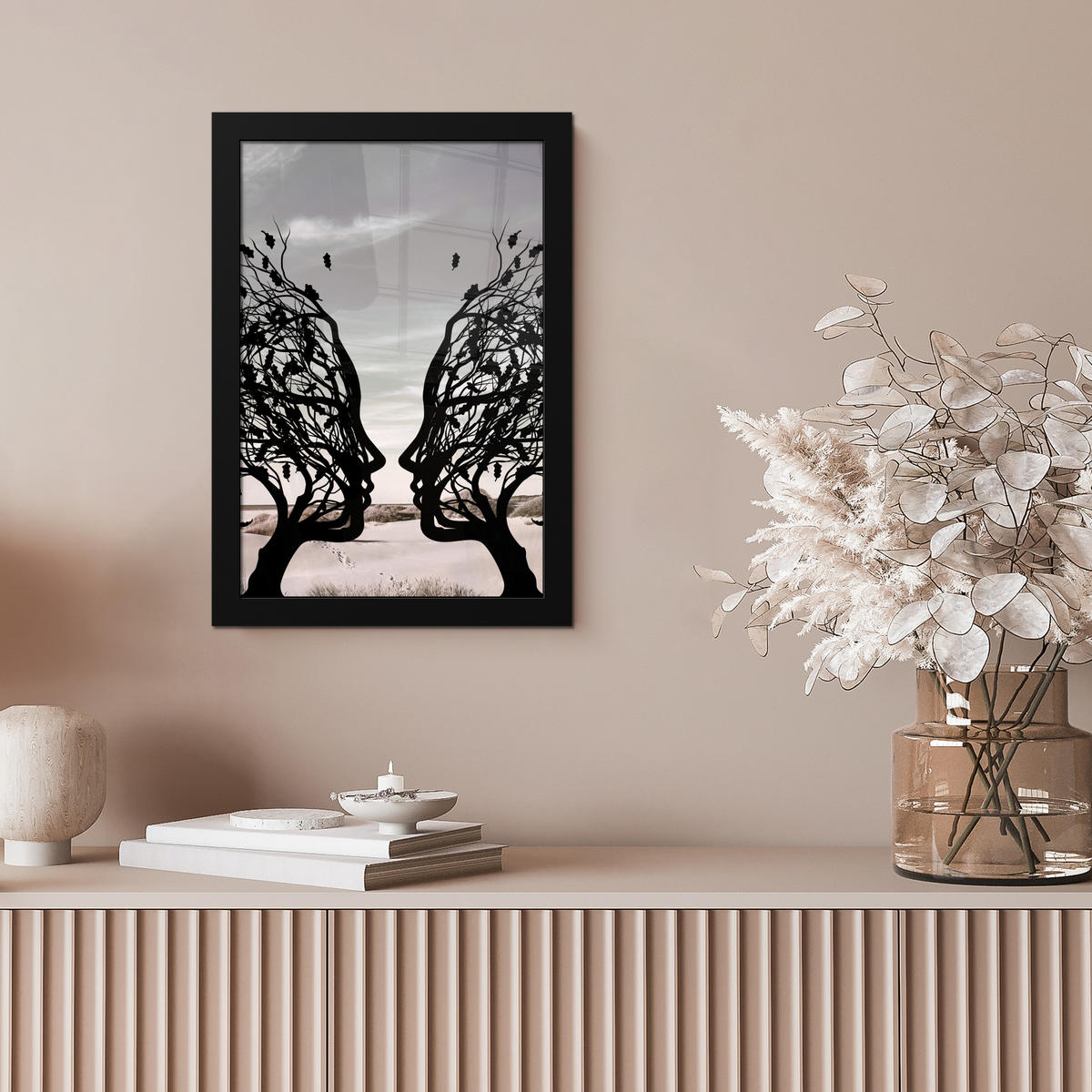 GERAHMTES BILD Strand - Meer - Menschen - Baum - Moderne Kunst 20x30 cm - Hellgrau, Papier (20/30cm) - MuchoWow