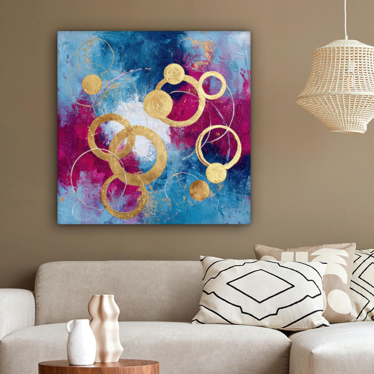 LEINWANDBILD Kreise - Gold - Abstrakt Deko Groß 90x90 cm - Blau, Textil (90/90cm) - MuchoWow