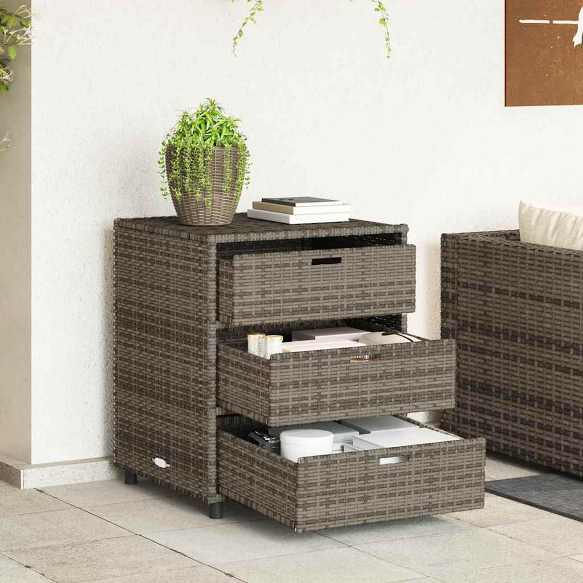 GARTENSCHRANK mit 3 Schubladen, 55/59/69 cm, aus Poly Rattan, Grau - Grau, Naturmaterialien (59/69/55cm) - vidaXL