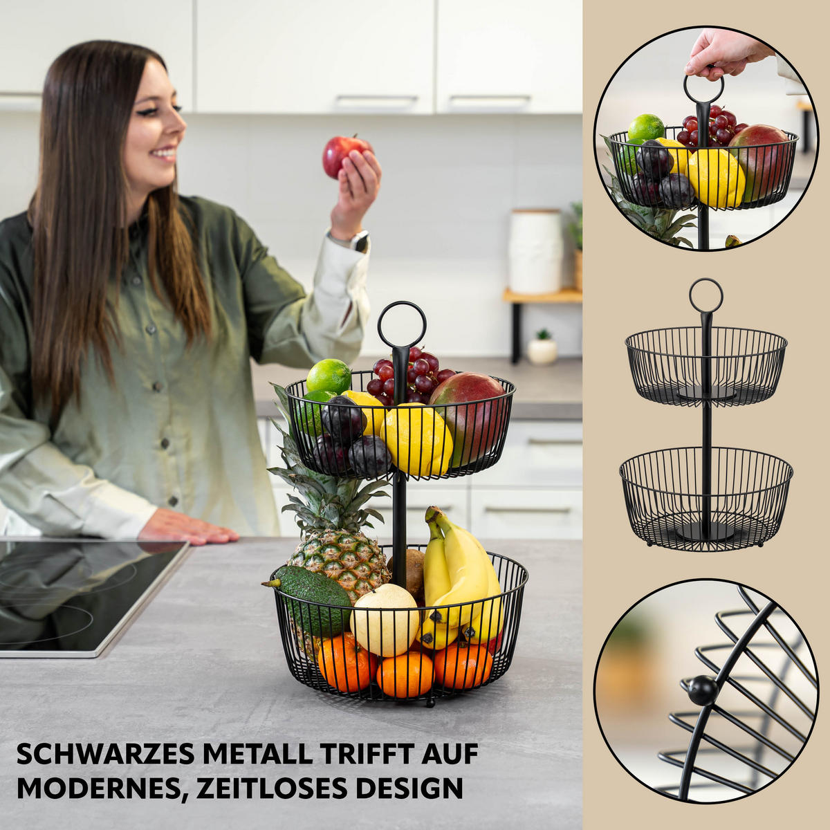 OBSTETAGERE, 2-stöckig, rund, Metall, Schwarz - Schwarz, Metall (43cm) - eluno