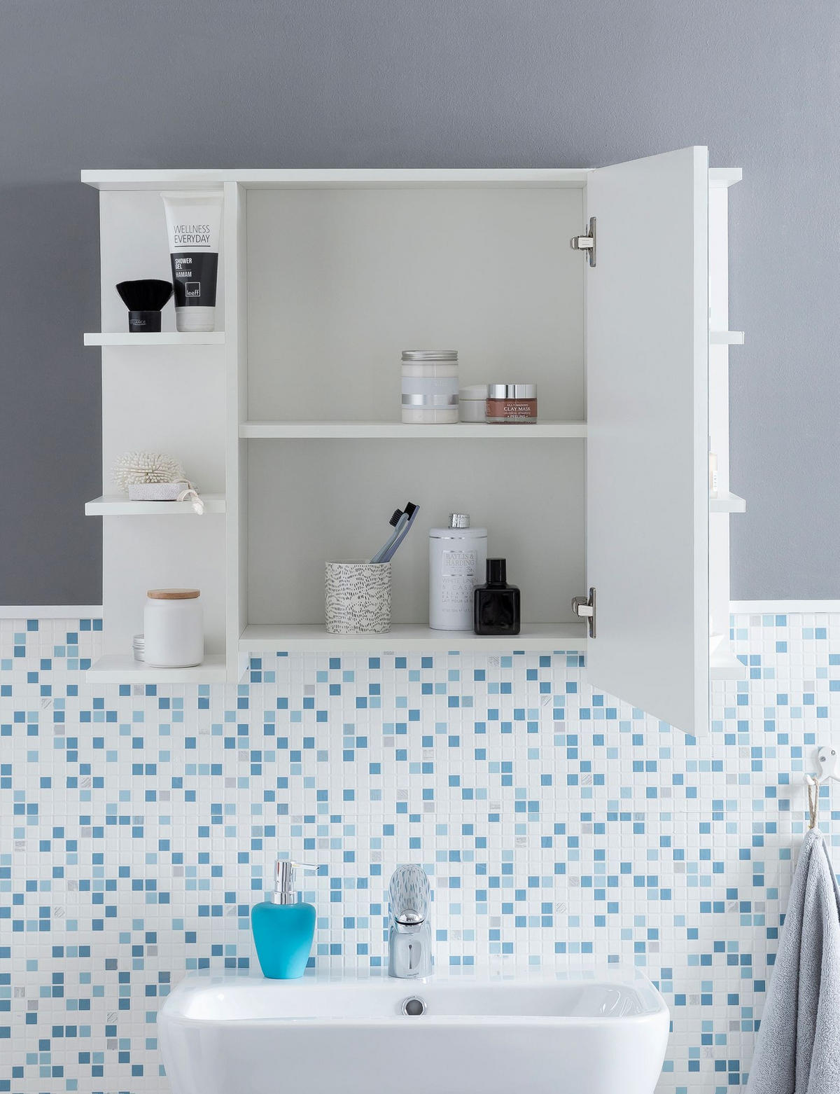 HÄNGESCHRANK Weiß aus Spanplatte mit Spiegel und seitlichen Ablagen 80x64,5x20 cm - Weiß, Holz (80/65/20cm) - KADIMA DESIGN