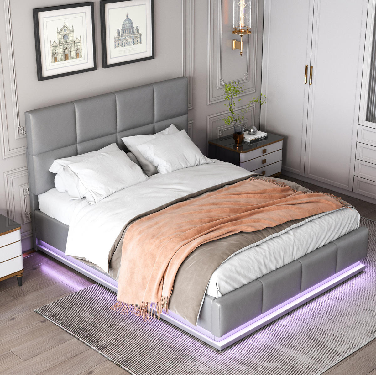 POLSTERBETT mit LED-Beleuchtung 140/200 cm mit Bettkasten & Kunstleder in Grau - Grau, Textil (140/200cm) - BEAOK
