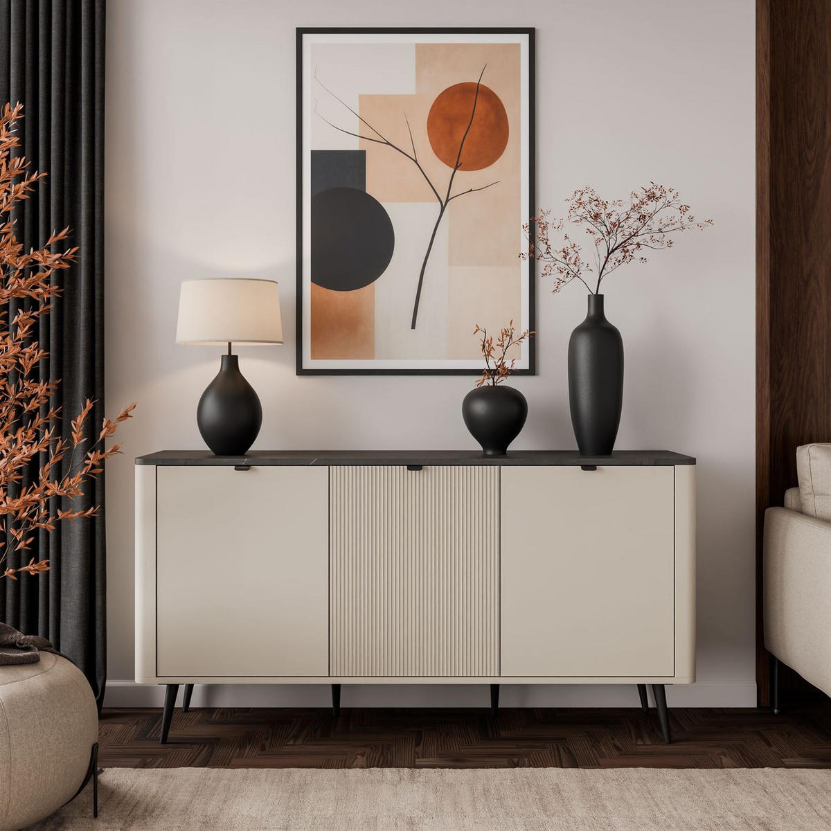 KOMMODE für das Schlafzimmer AUTUMN 3D mit geriffelter Front, Kaschmir / Grauer Stein - Beige, Holzwerkstoff (160/82/40cm) - Lookway