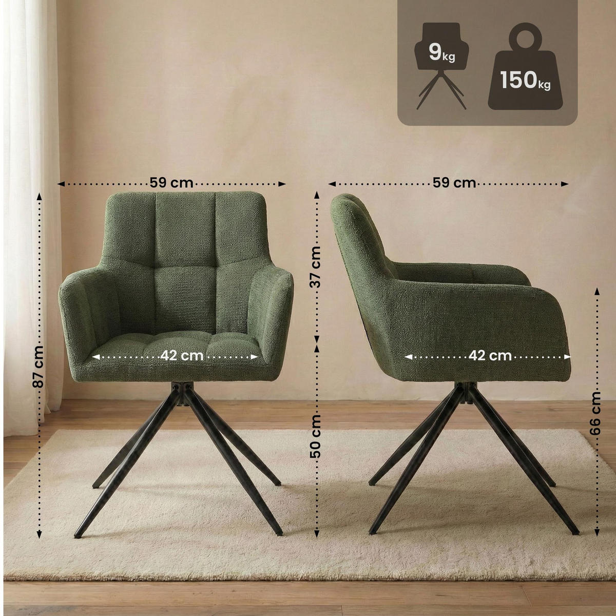 ESSZIMMERSTUHL Jonah 59x59x87 cm grün - Grün, Textil (59/87/59cm) - furnicato