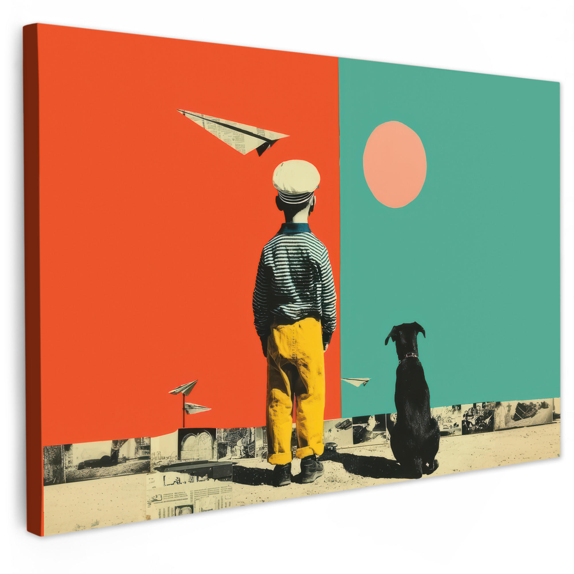 MuchoWow OBRAZ NA PLÁTNĚ Retro - Chlapec - Pes - Červená - Zelená 60x40 cm