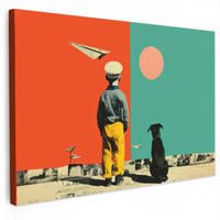 LEINWANDBILD Retro - Junge - Hund - Rot - Grün Wohnzimmer Groß 120x80 cm - Orange, Textil (120/80cm) - MuchoWow
