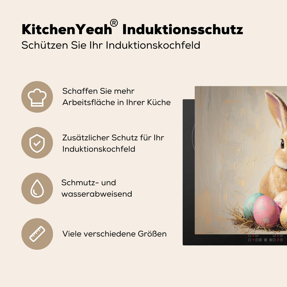 HERDABDECKPLATTE Osterhase - Pastell - Eier Herdabdeckung Induktionsfeld 70x52 cm - Beige, Kunststoff (70/52/0.2cm) - MuchoWow