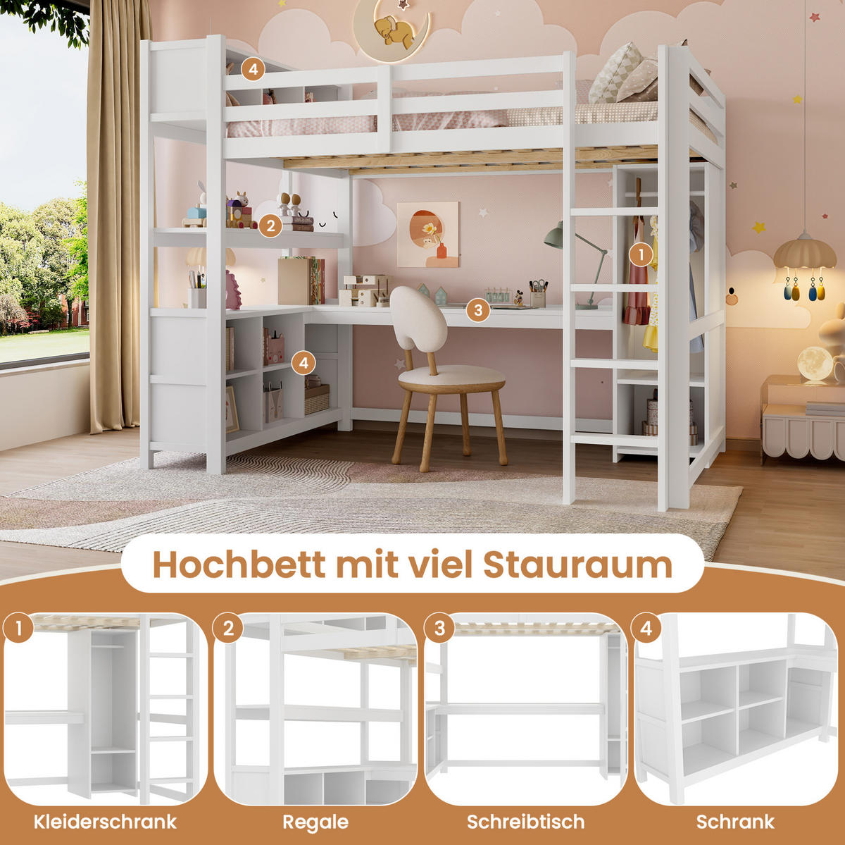 HOCHBETT 140/200 cm aus Kiefernholz und MDF mit Schreibtisch, Regalen und Kleiderschrank Weiß - Weiß, Holz (140/200cm) - Modenvie