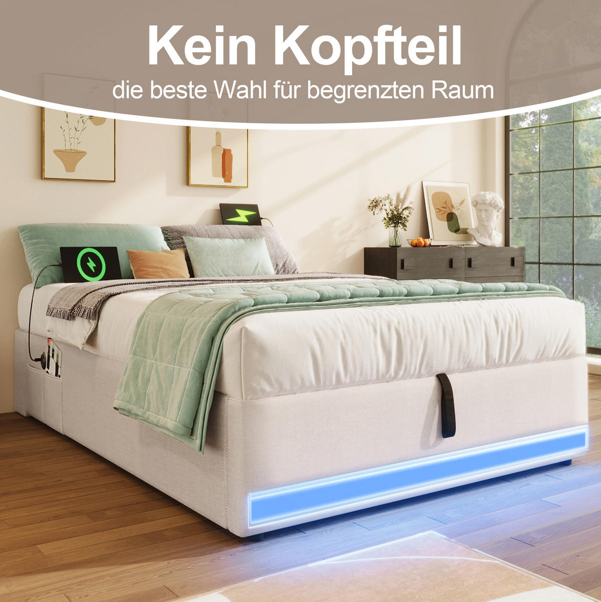 POLSTERBETT 90/200 cm beige aus Leinen mit LED-Leiste, USB und Typ-C - Beige, Textil (90/200cm) - OKMYHOME