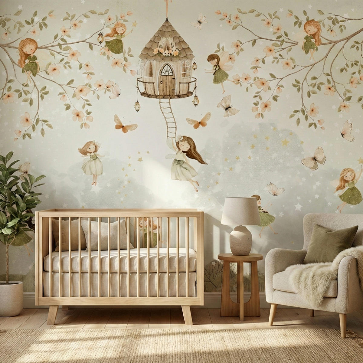 FOTOTAPETE für Kinderzimmer Waldfeen Blumen Sterne Schmetterlinge Baum 400x280 - Beige/Orange, Papier (400/280cm) - Muralo