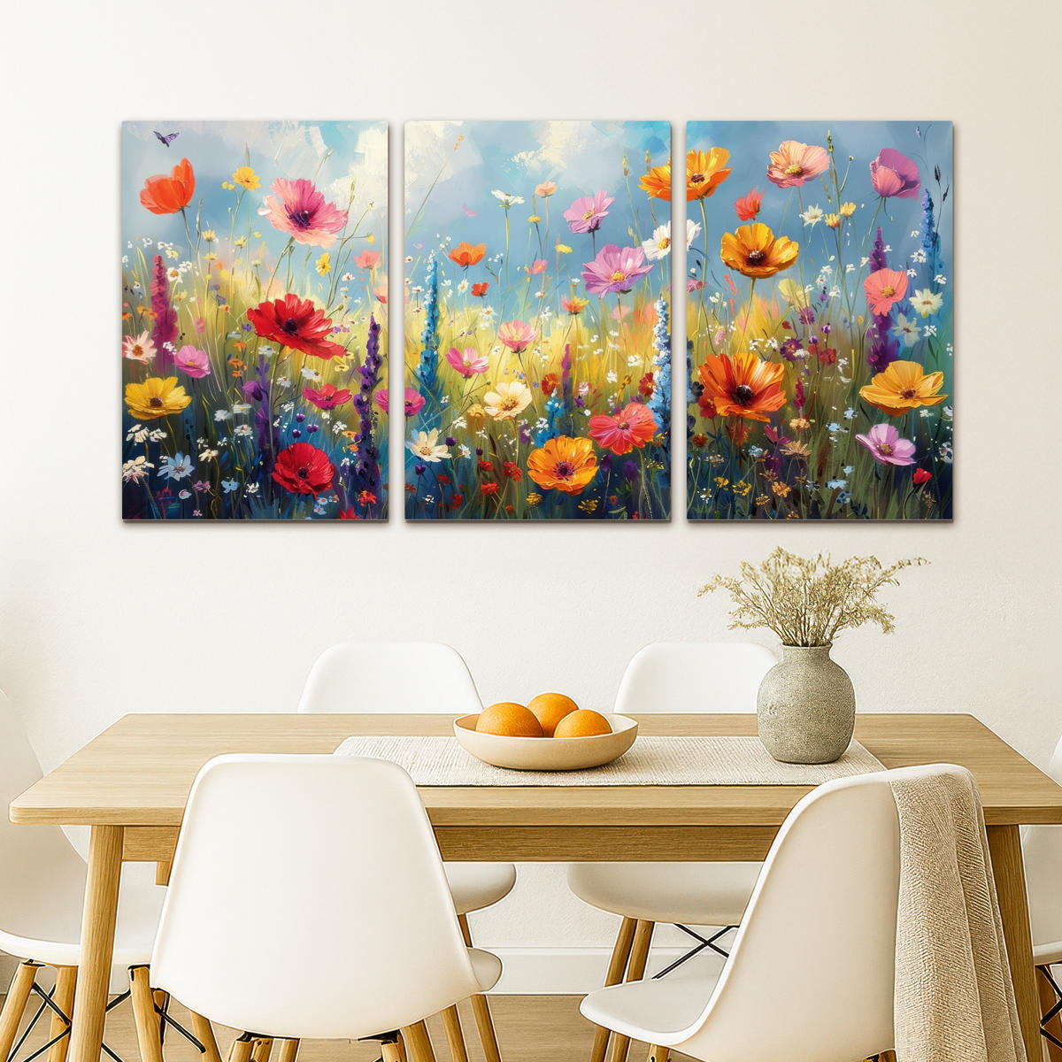 LEINWANDBILD 3er Set Blumen - Frühling - Farbenfroh - Sommerlich 120x60 cm - Orange, Textil (120/60cm) - MuchoWow