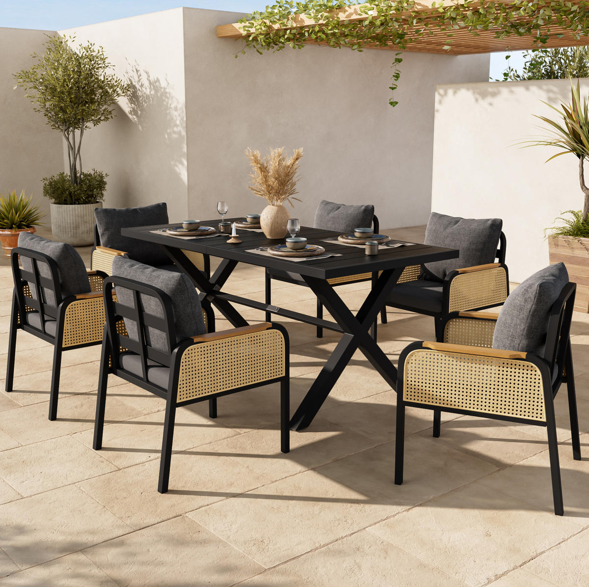 GARTENMÖBELSET 148/80/75 cm mit Tisch und 6 Stühlen, Rattan-Armlehnen und Polstern, Schwarz/Natur - Naturfarben, Metall - Redom