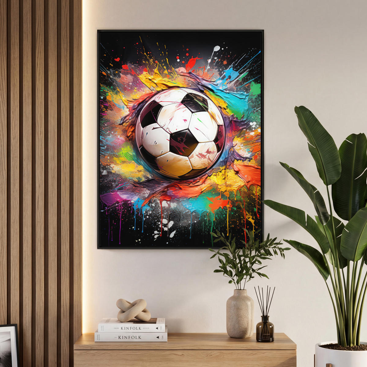 LEINWAND Bilder mit Rahmen - Fußball - Farbe - Farben - Schwarz - Weiß - 70x100 - Weiß, Textil (70/100cm) - MuchoWow
