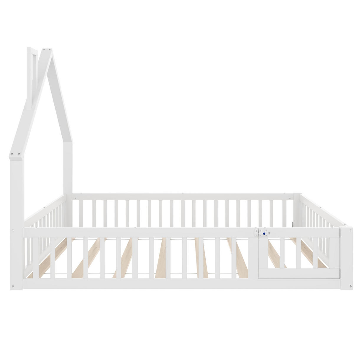 KINDERBETT 140/190 cm in Hausform mit Schornstein und Rundum-Sicherheitsgitter - Weiß, Holzwerkstoff (140/190cm) - BEAOK