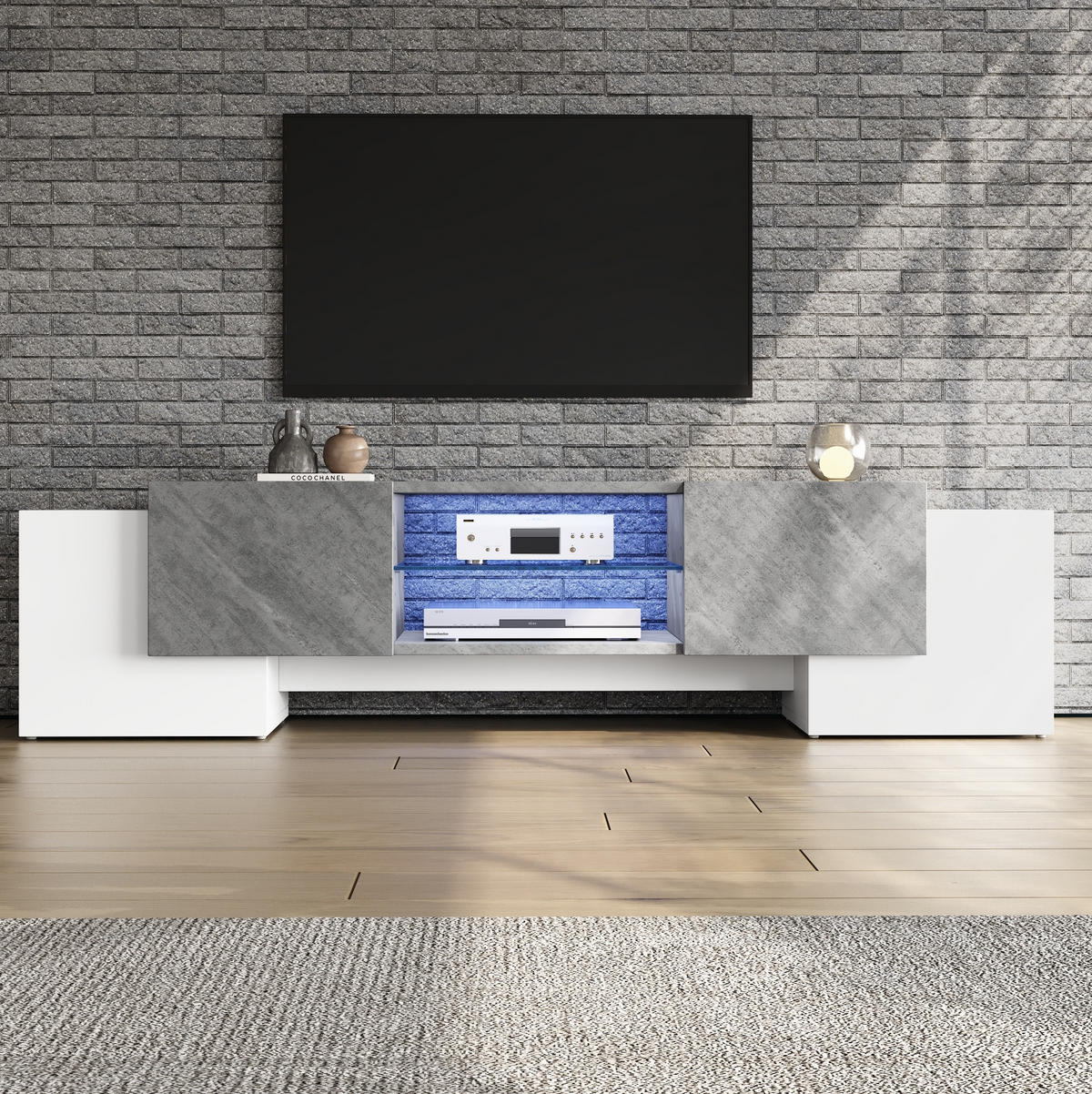 TV stolek 180/40/46,5 cm s LED osvětlením, tichými panty a variabilním úložným prostorem, Bílá/šedá - bílá, kompozitní dřevo (180/46.5/40cm) - Redom