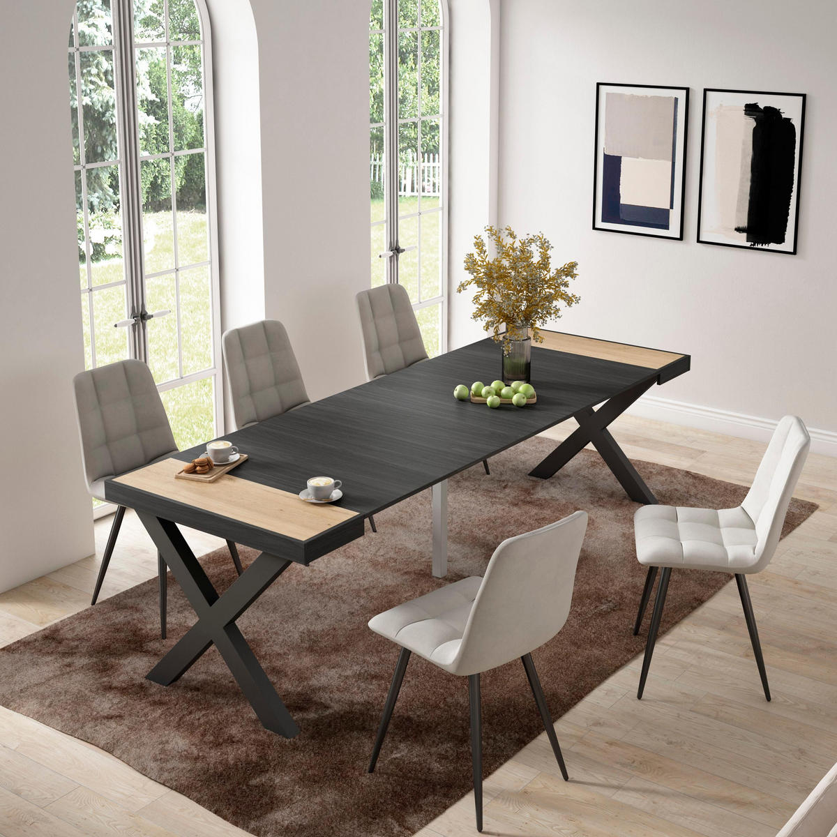 KONSOLENTISCH ausziehbar 58 bis 262cm, für 12 Gäste, eiche, schwarz, 90/58/73cm - Schwarz/Naturfarben, Holzwerkstoff (90/262/73cm) - Skraut Home