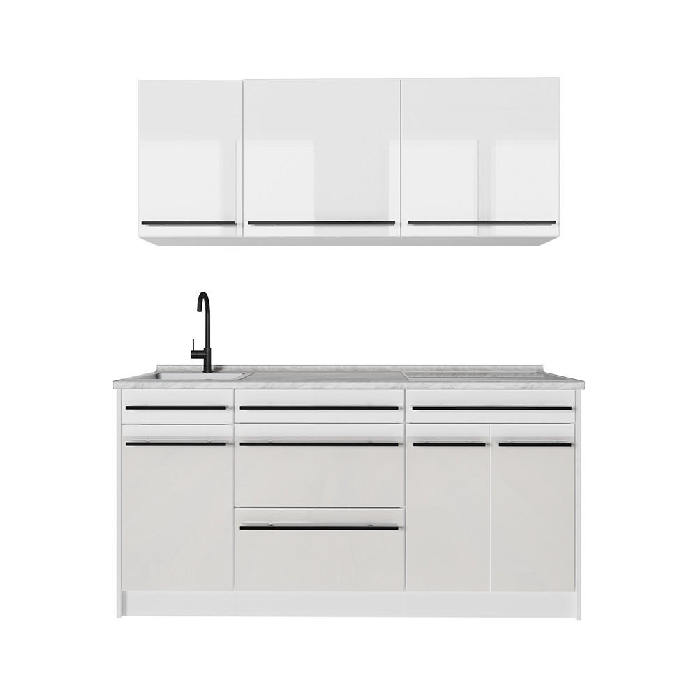 SINGLEKÜCHE R-Line, Weiß Hochglanz/Weiß, 160 cm Arbeitsplatte Marmor - Weiß Hochglanz/Weiß, Holzwerkstoff (160/81.6/60cm) - Vicco