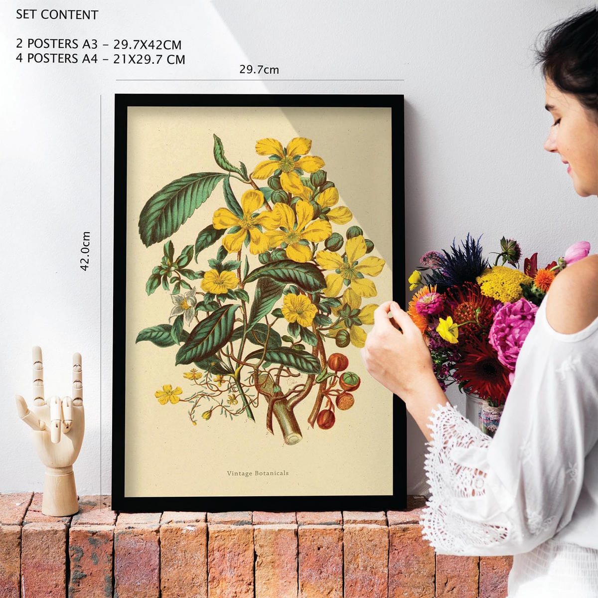 POSTER Set Mit 6 Gelbe Blumen 2 In Vintage A3 & A4 Schwarzer Rahmen - Schwarz, Papier (29/3cm) - Nacnic