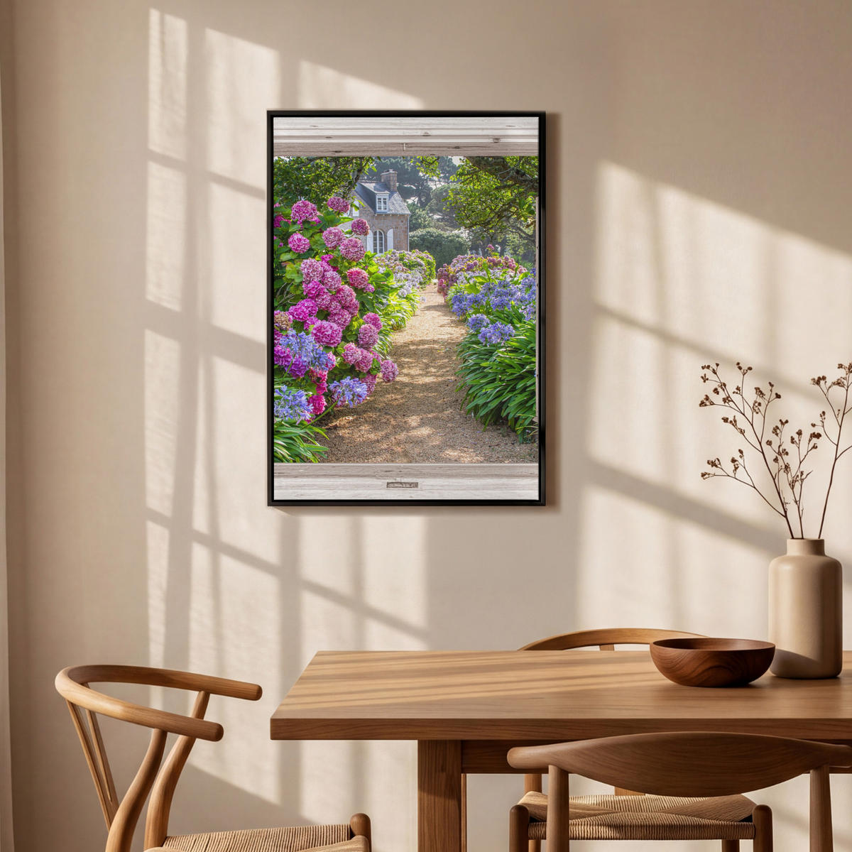 LEINWAND Bilder mit Rahmen - Hortensie - Durchsichtig - Blumen - Sommer - Lila - Weg - 60x90 - Lila, Textil (60/90cm) - MuchoWow