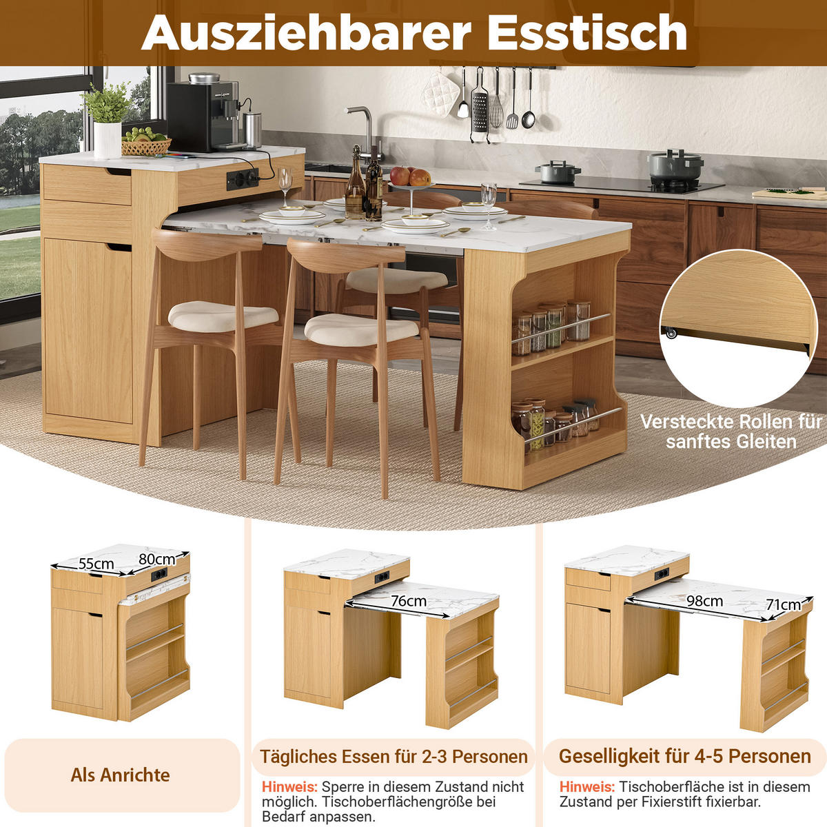 KÜCHENINSEL ausziehbar 55-153/80/93 cm DE-39575 Natur - Naturfarben, Holzwerkstoff (80/93/56.2cm) - ComfortXL