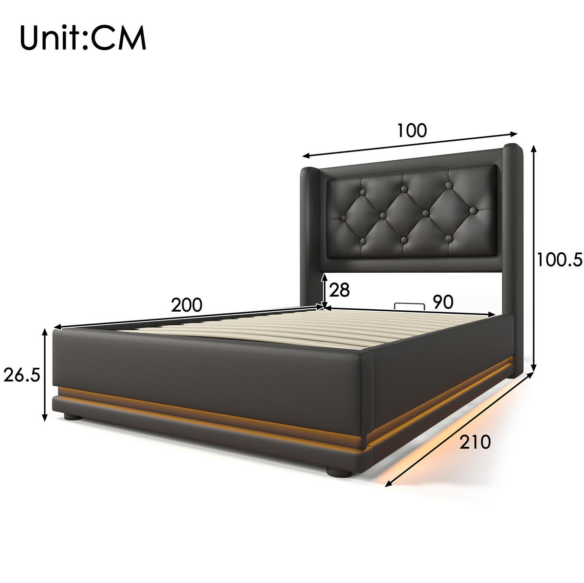TAPECIRANI krevet 90/200 cm s LED osvjetljenjem, USB i Type-C priključcima te hidrauličnim spremištem, Crna - crna, plastika (90/200cm) - Redom
