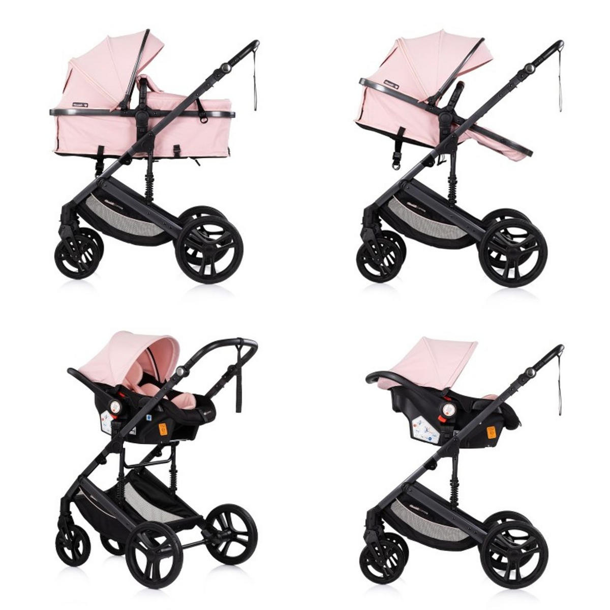 KOMBIKINDERWAGEN Amore 3 in 1 rosa pink Babyschale Adapter Wickeltasche Fußabdeckung - Rosa, Metall (95/63/105cm) - Chipolino