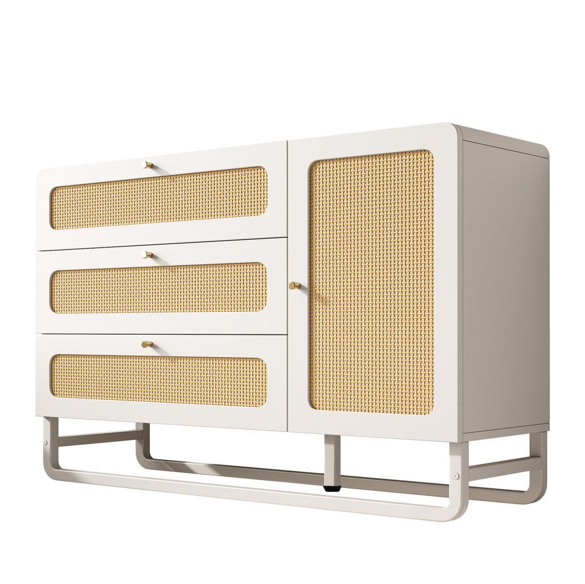 KOMMODEN-SIDEBOARD 120/40/85 cm mit 3 Schubladen & Rattan-Fronten in Weiß - Weiß, Metall (120/85/40cm) - BEAOK