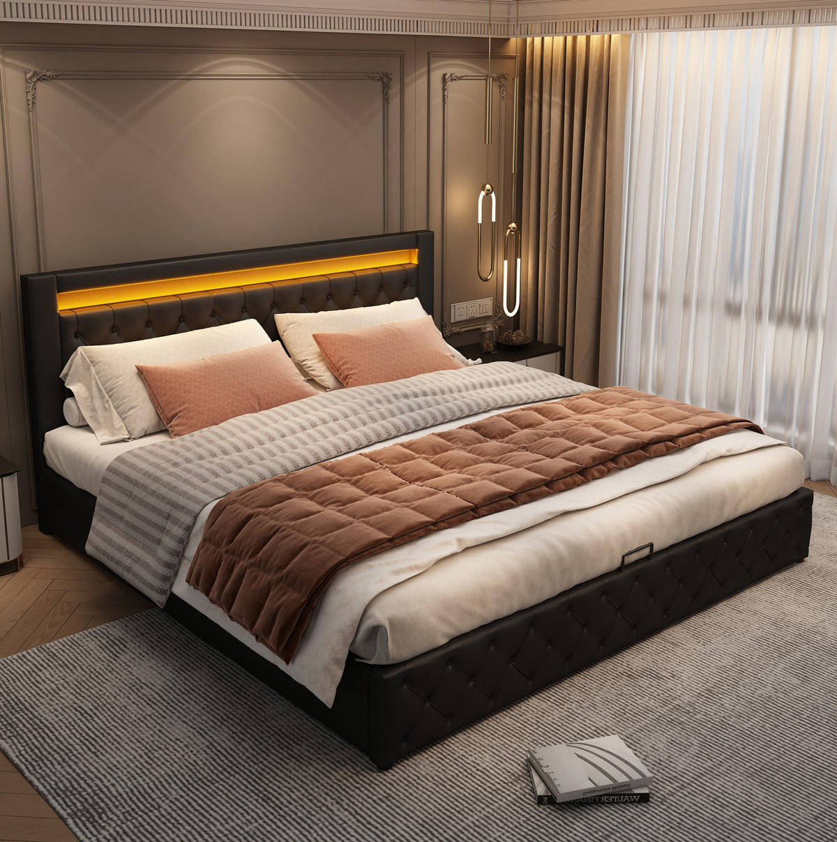 POLSTERBETT mit Bettkasten und LED 160x200 cm PU Schwarz - Schwarz, Metall (160/200cm) - Beauniv