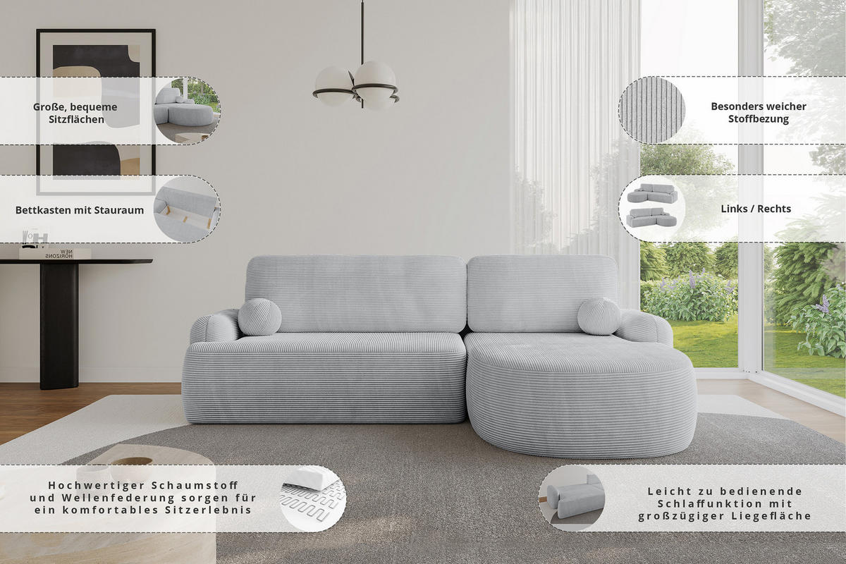 ECKSOFA mit Schlaffunktion und Bettkasten LIRA-L - 264x172x89 Hellgrau - Hellgrau, Holzwerkstoff/Textil (172/264cm) - ALTDECOR