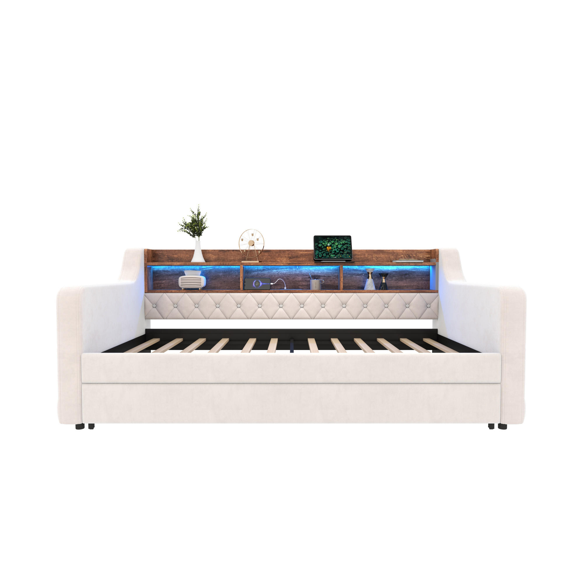 POSTEĽ z velúru 90/190 cm béžová, rozkladacia s úložným priestorom, LED a USB-C - béžová, textil (90/190cm) - BEAOK
