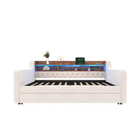 POSTEĽ z velúru 90/190 cm béžová, rozkladacia s úložným priestorom, LED a USB-C - béžová, textil (90/190cm) - BEAOK