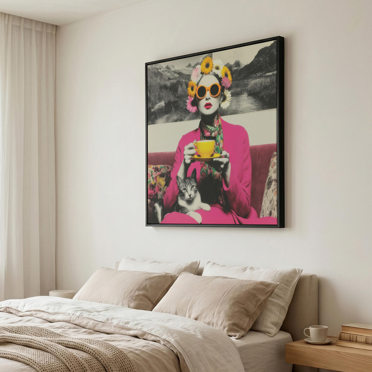 LEINWAND Bilder mit Rahmen - Frau - Katze - Blumen - Tasse - Retro - 90x90 - Magenta, Textil (90/90cm) - MuchoWow
