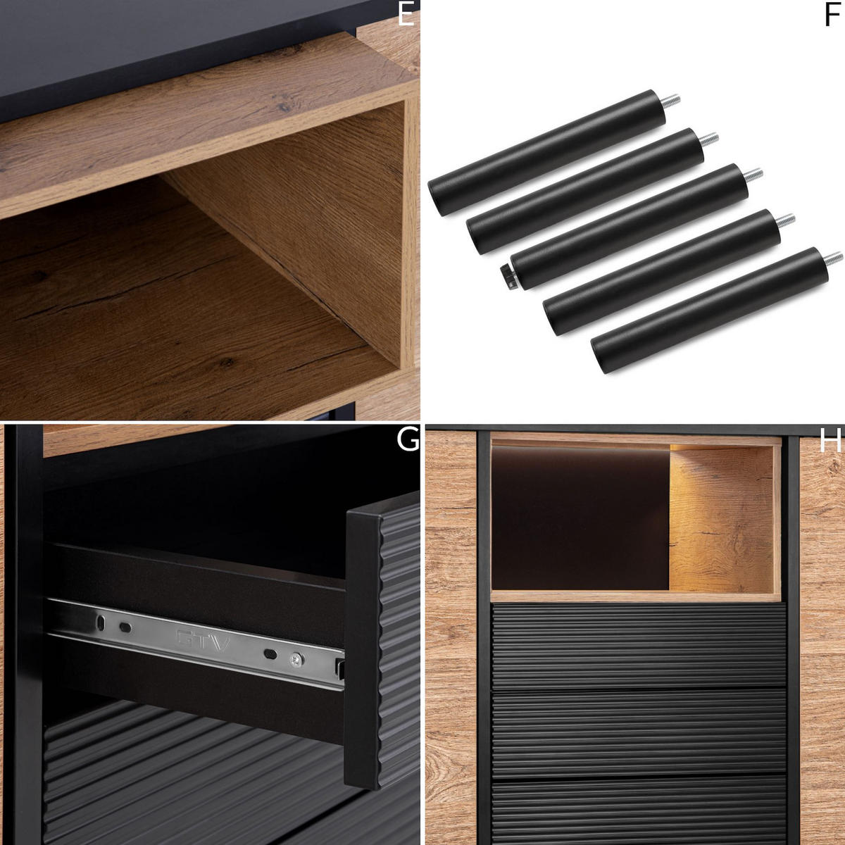 KOMMODE LOFTY Außenseiteneinlage, schwarz / Eiche natur - Eichefarben/Multicolor, Holzwerkstoff (151/84/41cm) - KONSIMO®