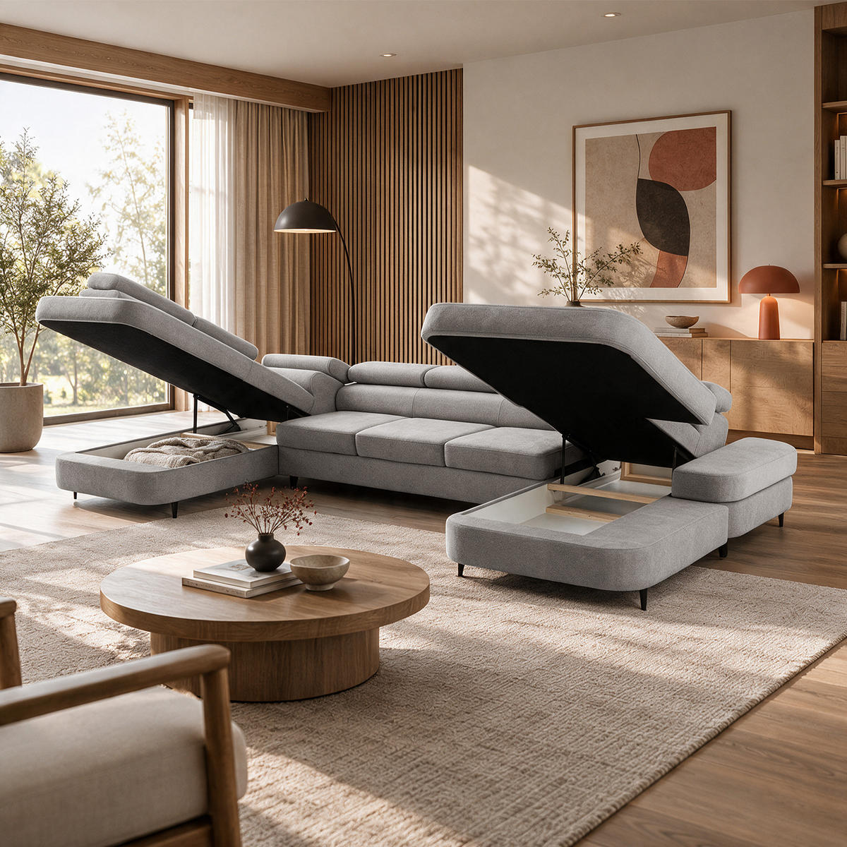 ECKSOFA U-Form PRIAM MAXI U Links mit Schlaffunktion 125x317 Velours Hellgrau - Hellgrau/Schwarz, Holz/Textil (203/91/400cm) - Muffo