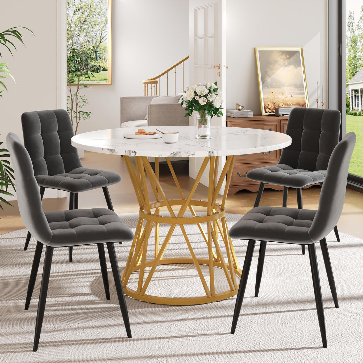 ESSTISCHSET 5-Teilig Rund 100 Cm, MDF Marmor, 4 Graue Samtstühle, Metall - Multicolor, Holzwerkstoff (65.99/27.99/70cm) - FLIEKS