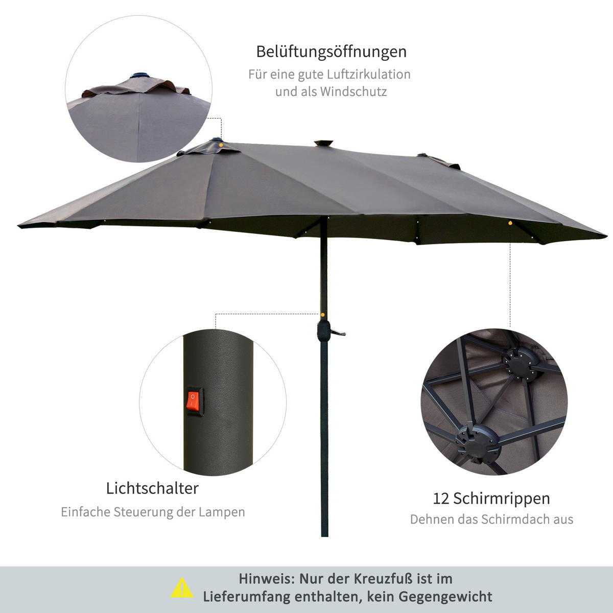 DOPPELSONNENSCHIRM 440 x 260 cm mit Handkurbel Oval Metall Dunkelgrau - Dunkelgrau, Kunststoff (440/260cm) - Outsunny