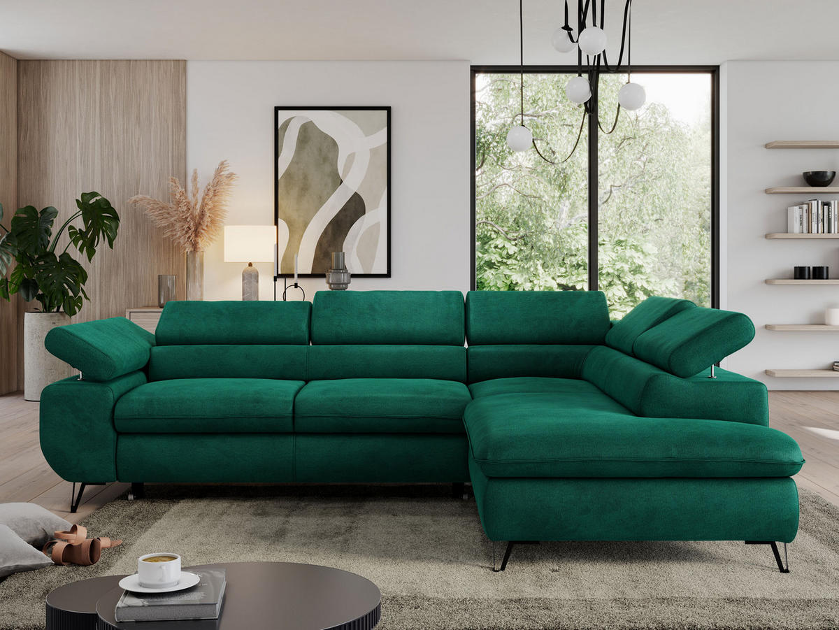 ECKSOFA PEDRO L Dunkelgrün Velvet - Rechts Seite - Dunkelgrün/Schwarz, Textil/Metall (273/208cm) - MKS