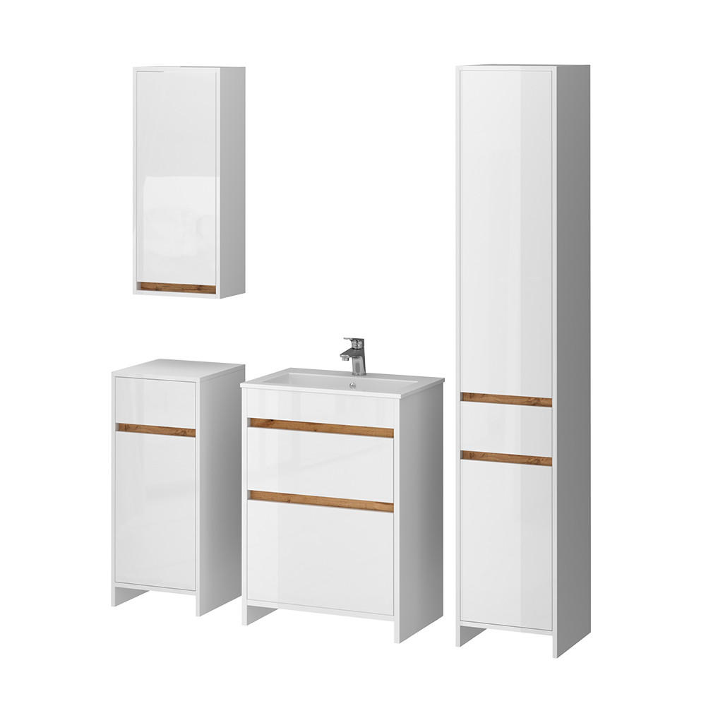 BADRUMSM&Ouml;BELSET Detmold, Vit h&ouml;gblank/Goldkraft ek, 5 delar Vit h&ouml;gglans, Ekf&auml;rgad 81.9/60/40 cm