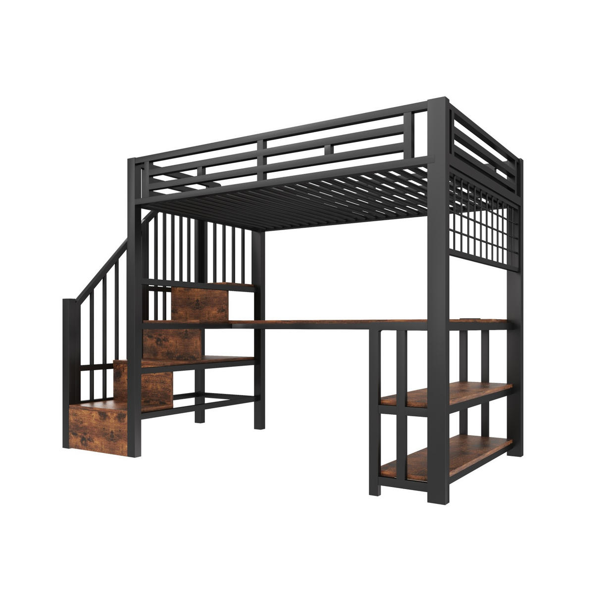 HOCHBETT 90/200 cm mit Schreibtisch, LED-Lichtleiste, Stauraumtreppe, USB und Typ-C, Metall/MDF, Schwarz - Schwarz, Metall (90/200cm) - Redom