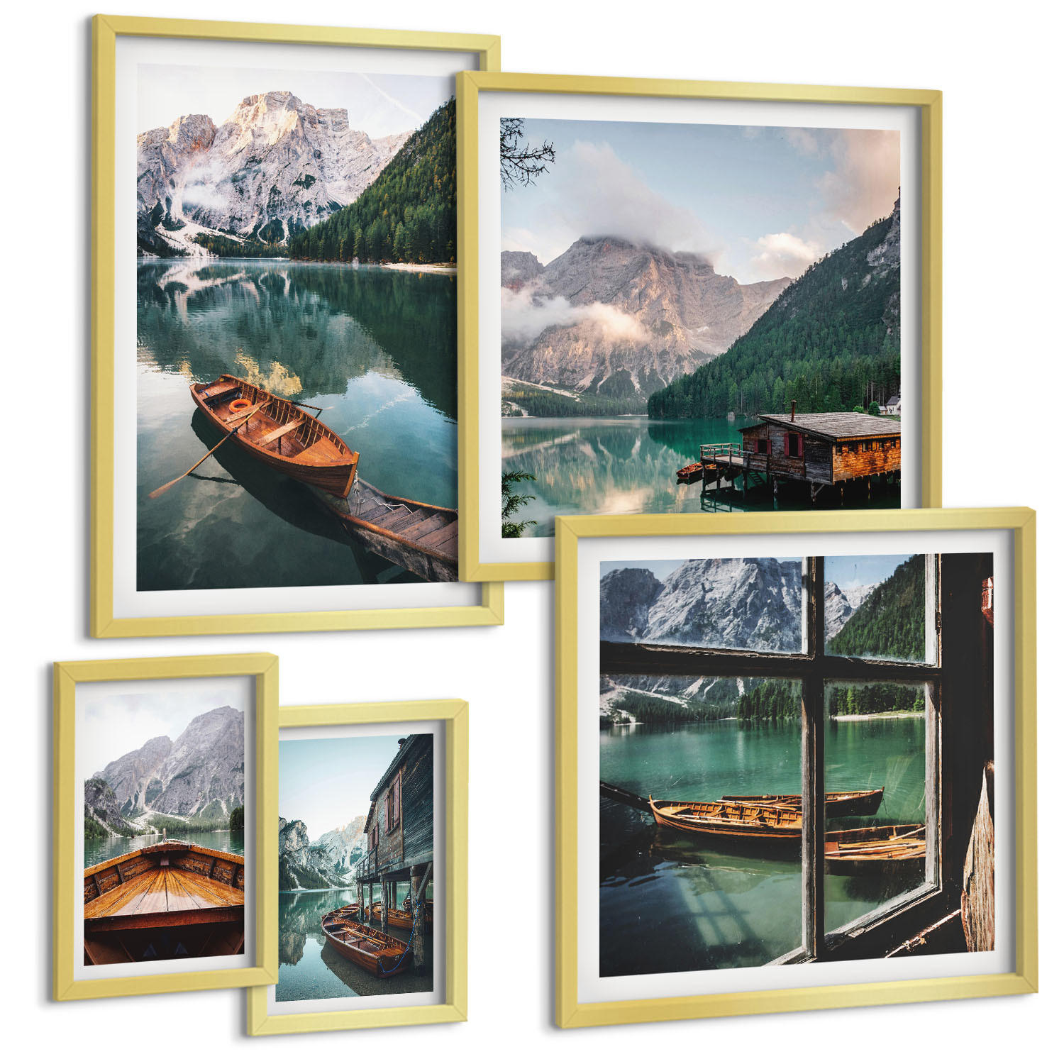 BILDER SET 5er Set - 50x50 cm & 20x30 cm & 40x60 cm Goldrahmen - See, Berge, Boote, Hütte, Fenster - Goldfarben, Kunststoff (40/60cm) - TULUP