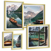 BILDER SET 5er Set - 50x50 cm & 20x30 cm & 40x60 cm Goldrahmen - See, Berge, Boote, Hütte, Fenster - Goldfarben, Kunststoff (40/60cm) - TULUP