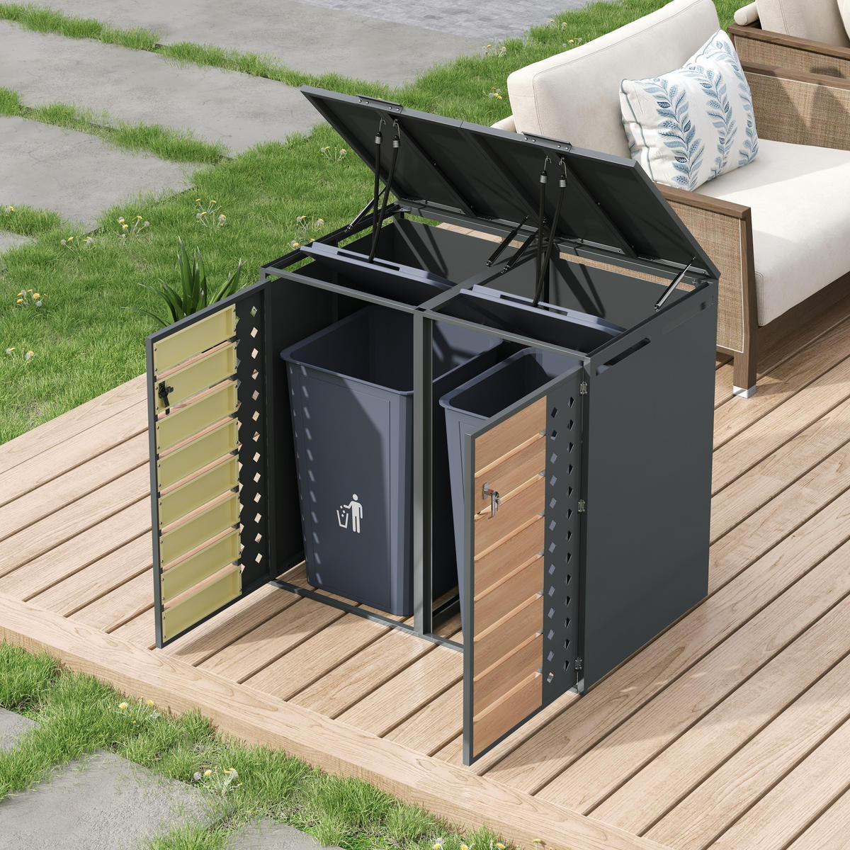 MÜLLTONNENBOX Mit Klappdeckel Holzoptik/Grau - Braun, Metall (132/118.5/80cm) - ComfortXL