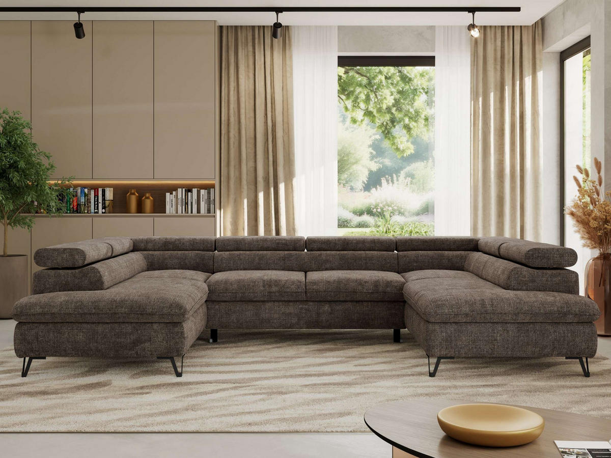 WOHNLANDSCHAFT PABLO U Schenille grob gewebt Braun mit Topper T25 - Schwarz/Braun, Textil/Metall (346/76/208cm) - MKS