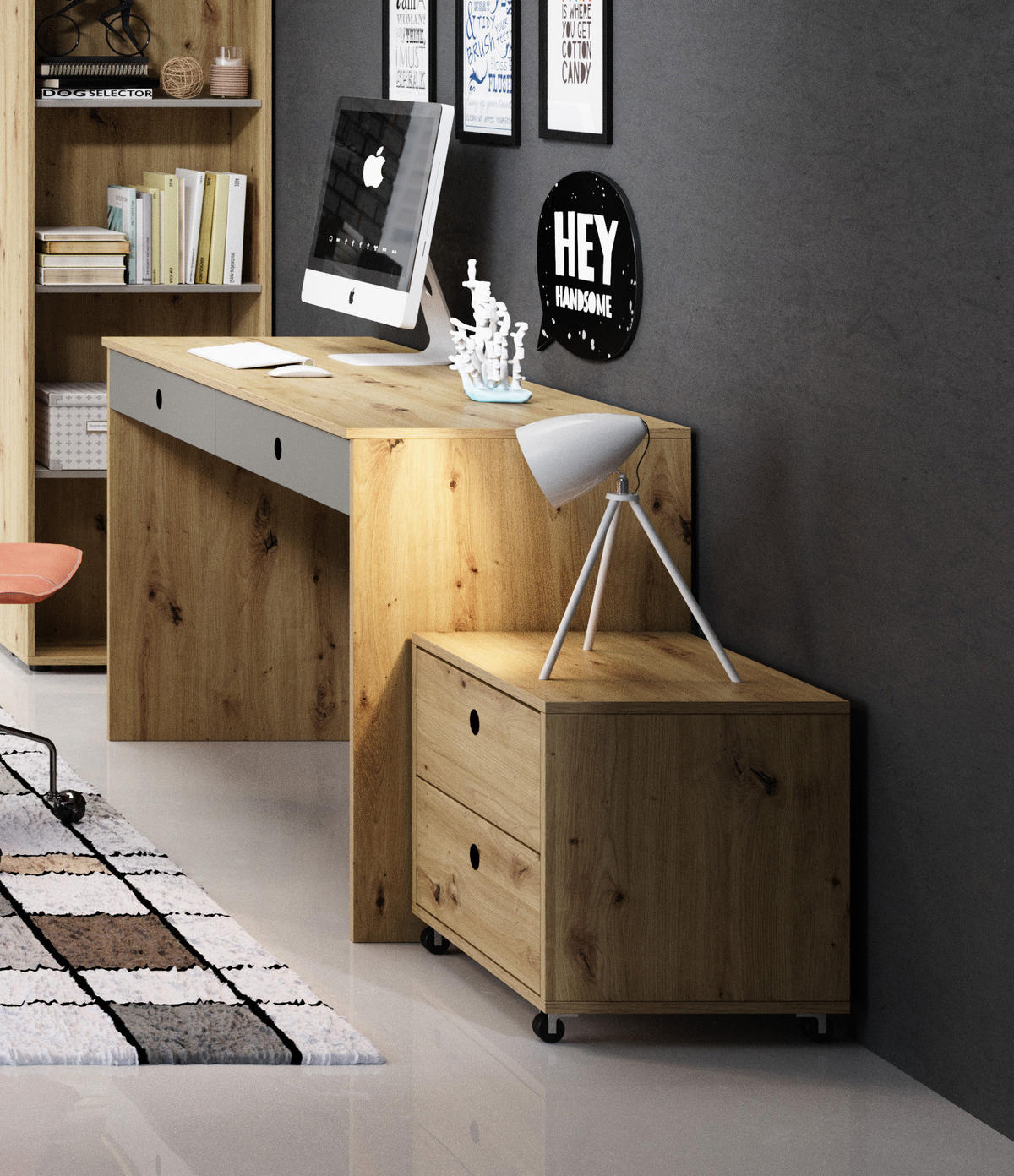 SCHREIBTISCH MIT CONTAINER Kuki Bernstein Eiche / Platingrau 2-teilig - Braun, Holz/Holzwerkstoff (50/138/76cm) - Feldmann-Wohnen