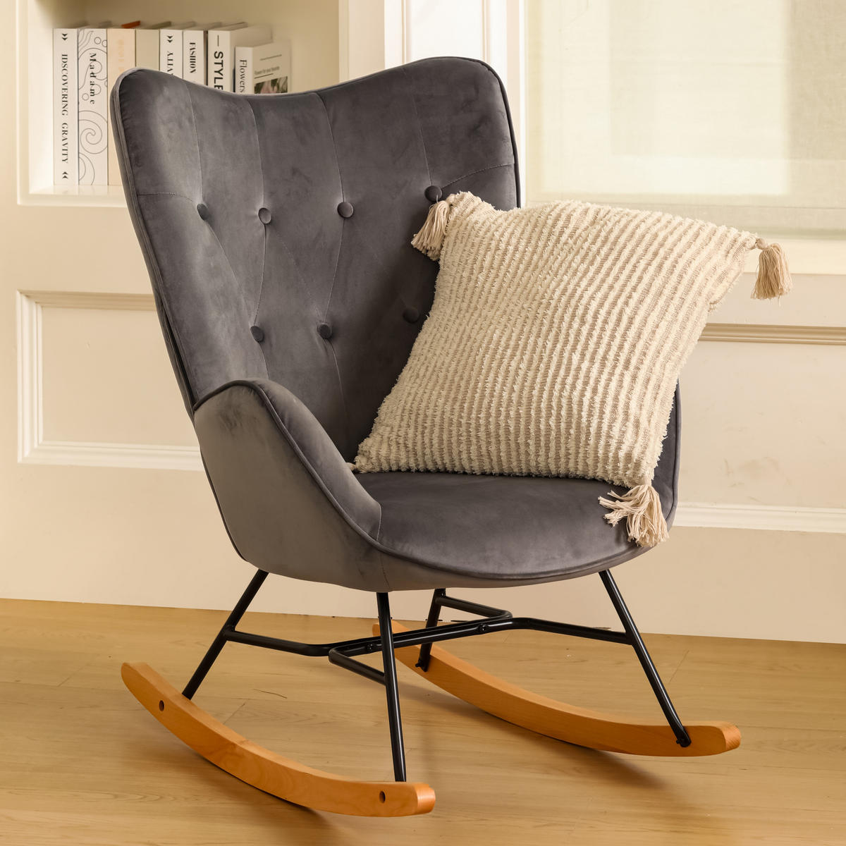 SCHAUKELSESSEL Samt Grau - Eichefarben/Grau, Holz (87/98/68cm) - Urban Meuble