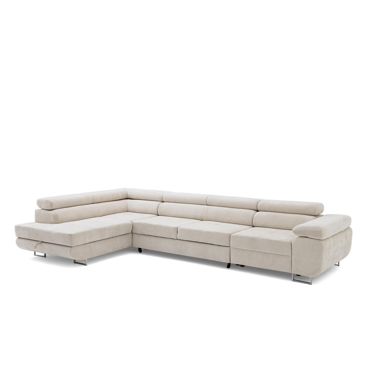 ECKSOFA WILD MAXI L Links mit Schlaffunktion 125x195 Chenille Beige - Chromfarben/Beige, Holz/Textil (350/203cm) - Muffo