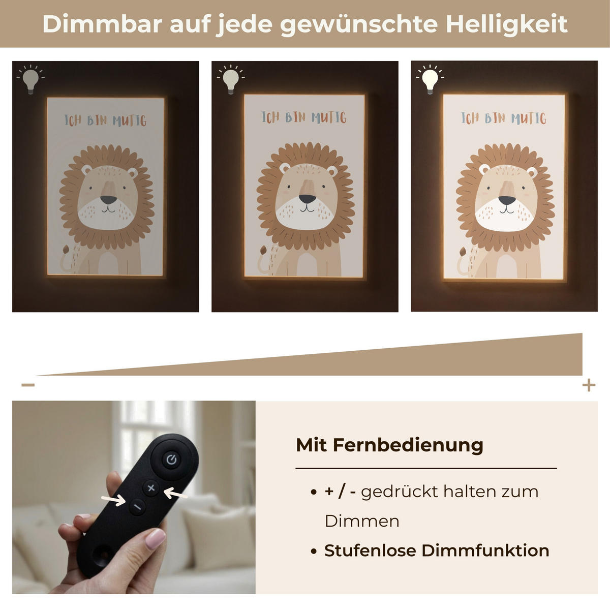 WANDLEUCHTE MIT AKKU Löwe - Beige - Tier - Mutig - Zitat 60x90 cm - Beige, Holzwerkstoff (60/90/8cm) - OnlyWow