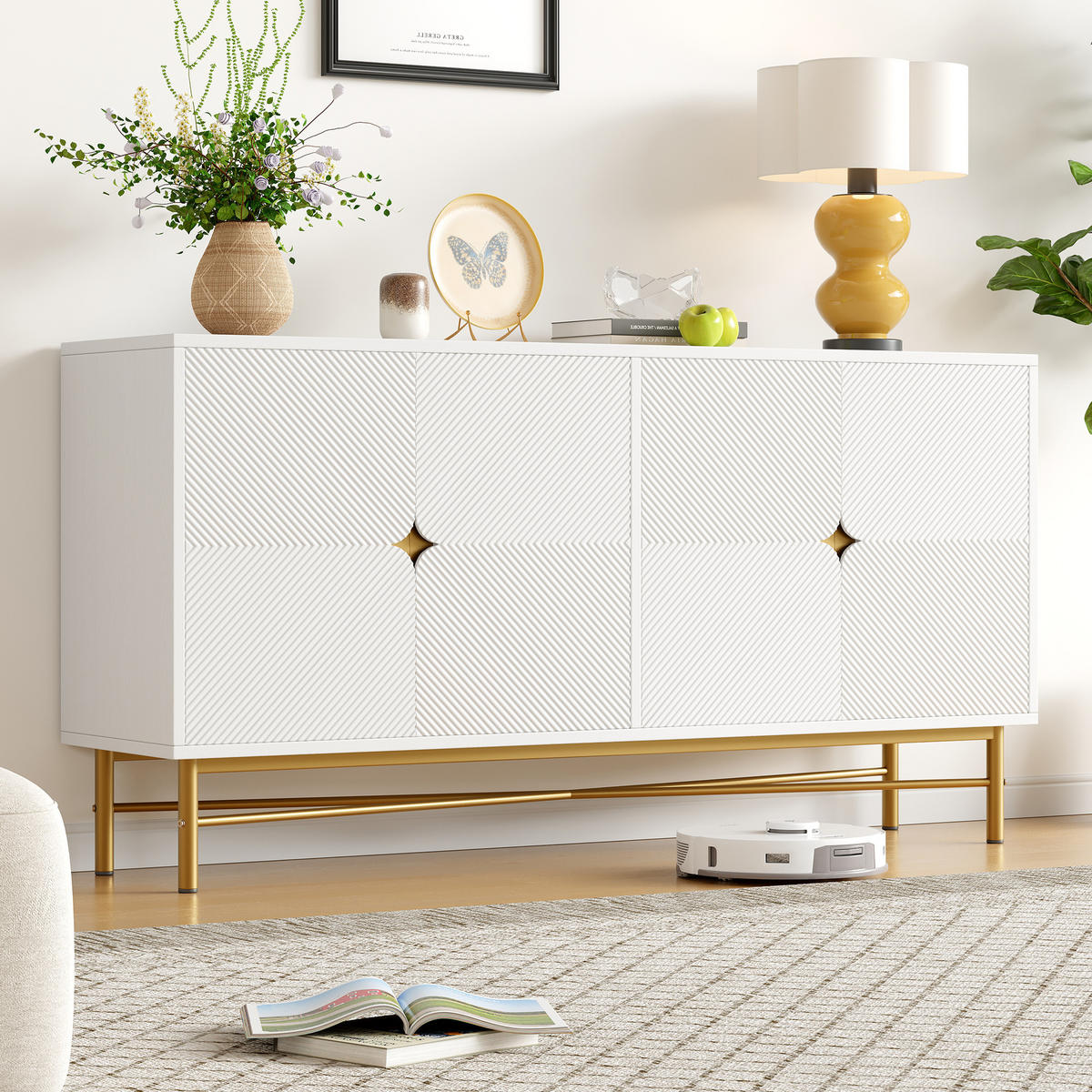 SIDEBOARD mit 2 Türen & 3 Schubladen, Weiß & Holzoptik, 120 x 40 x 80 cm - Weiß, Holzwerkstoff/Metall (160/82/40cm) - Urban Meuble