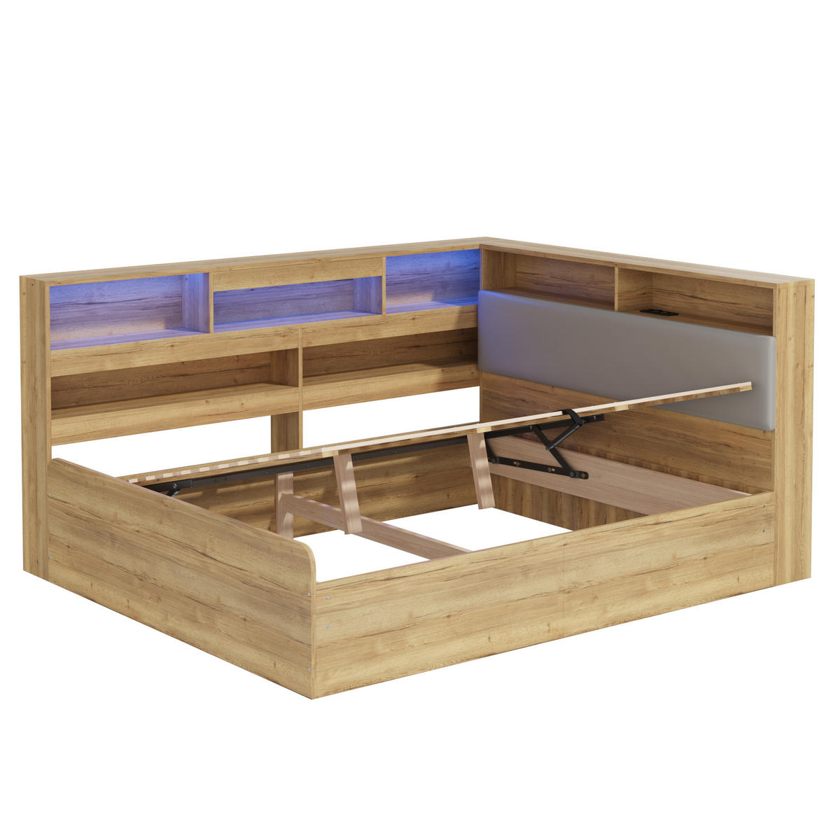 DAYBETT Natur 140x200 LED USB Hydraulik Stauraum Holz - Naturfarben, Holzwerkstoff (140/200cm) - FLIEKS
